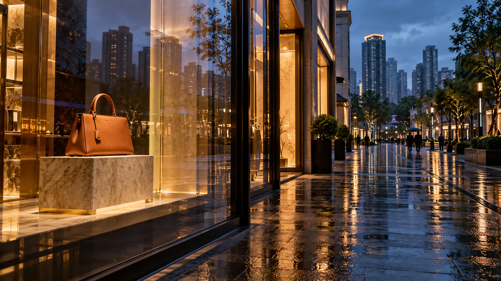 雨后的中国城市高端购物街，明亮的无品牌手袋橱窗外行人稀少