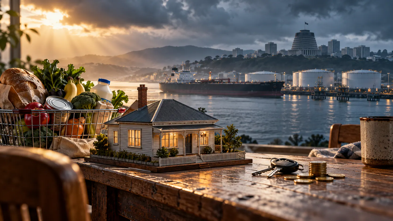 Conceptual miniature New Zealand home, groceries and energy supply infrastructure