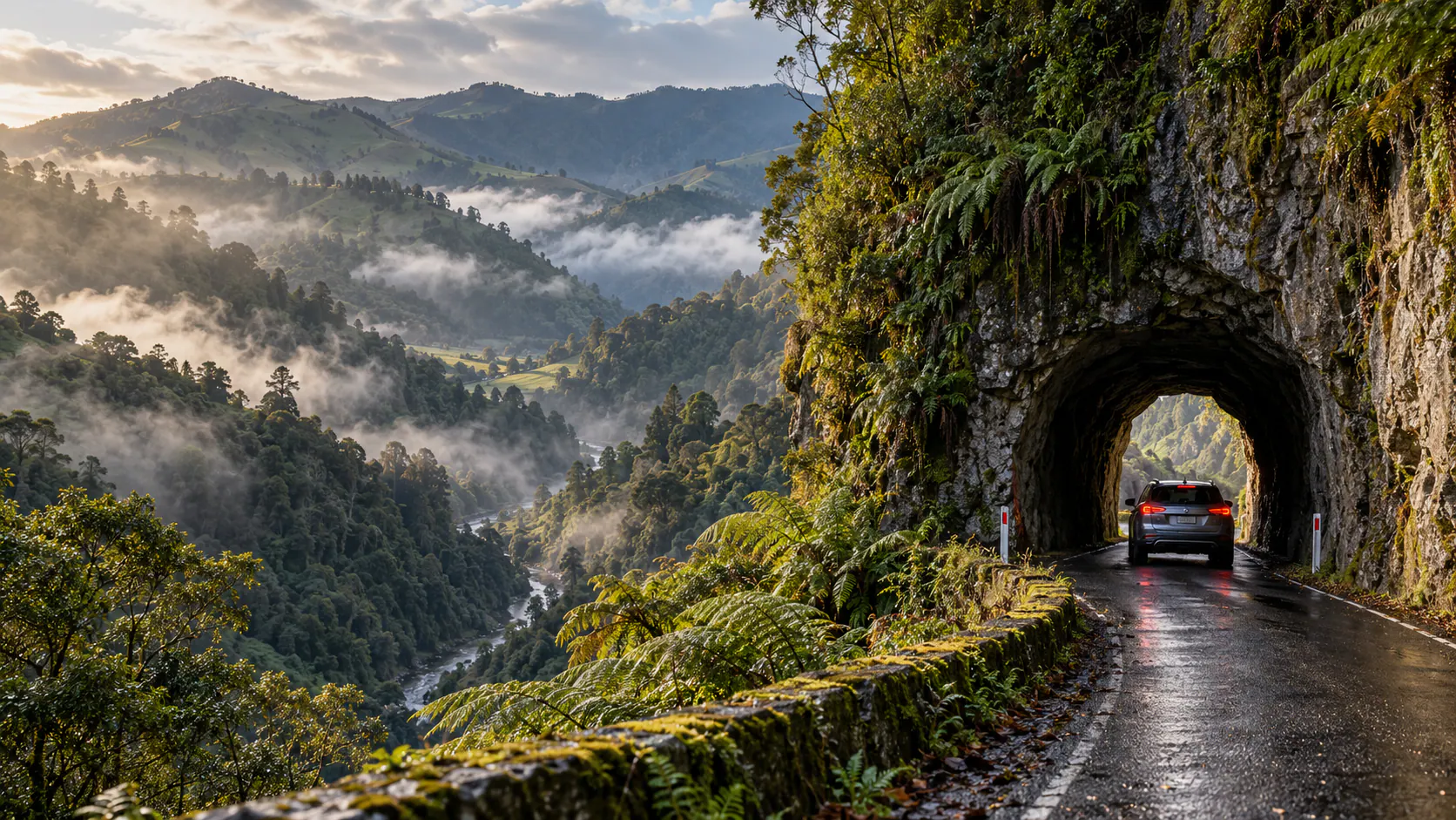 汽车穿过塔拉纳基山地遗忘世界公路的岩石隧道，无文字