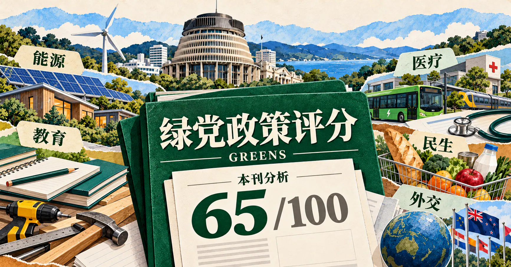 AI生成的新西兰绿党政策主题插画：绿色政策文件与65/100本刊分析评分，配有公共交通、太阳能、住房、医疗及教育元素。
