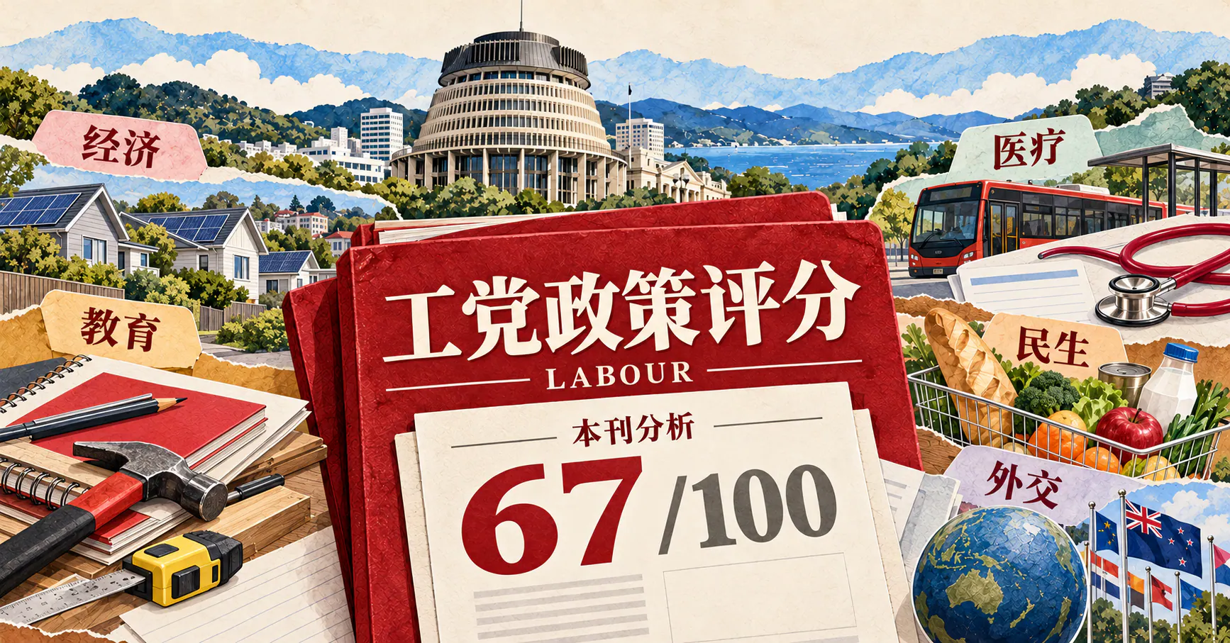 AI编辑插画：工党政策评分67/100，Labour名称与医疗、交通、教育、民生及外交政策主题，注明本刊分析