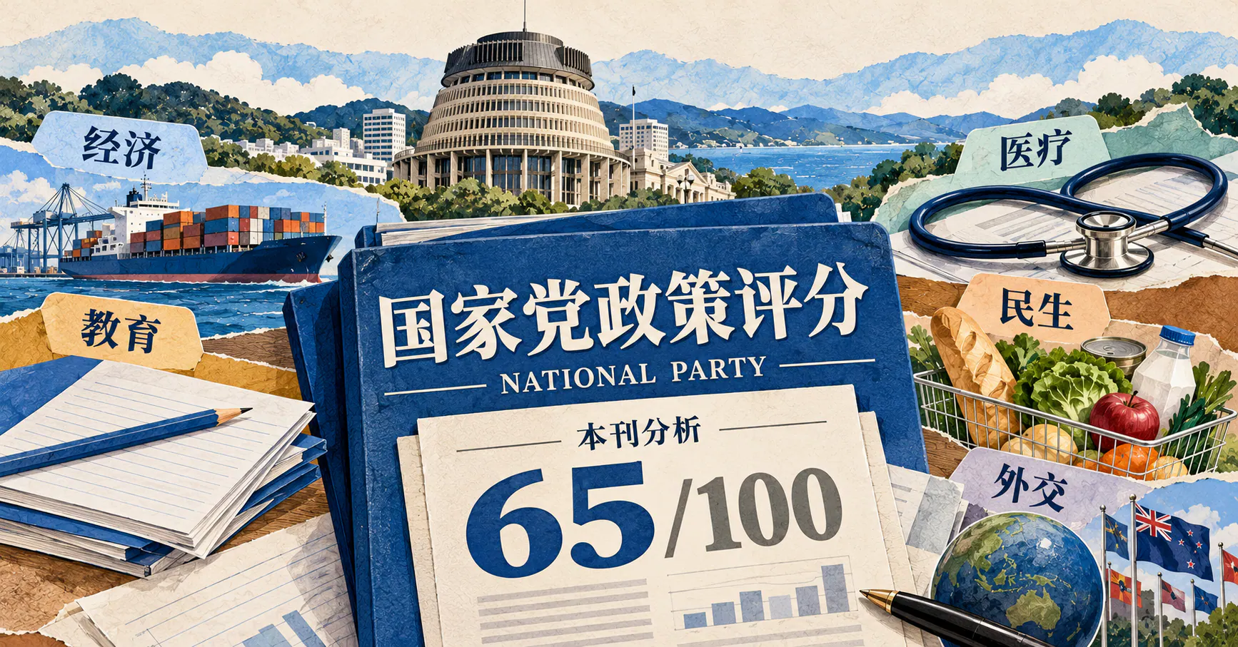 AI编辑插画：国家党政策评分65/100，呈现经济、教育、医疗、民生和外交政策主题，标注本刊分析