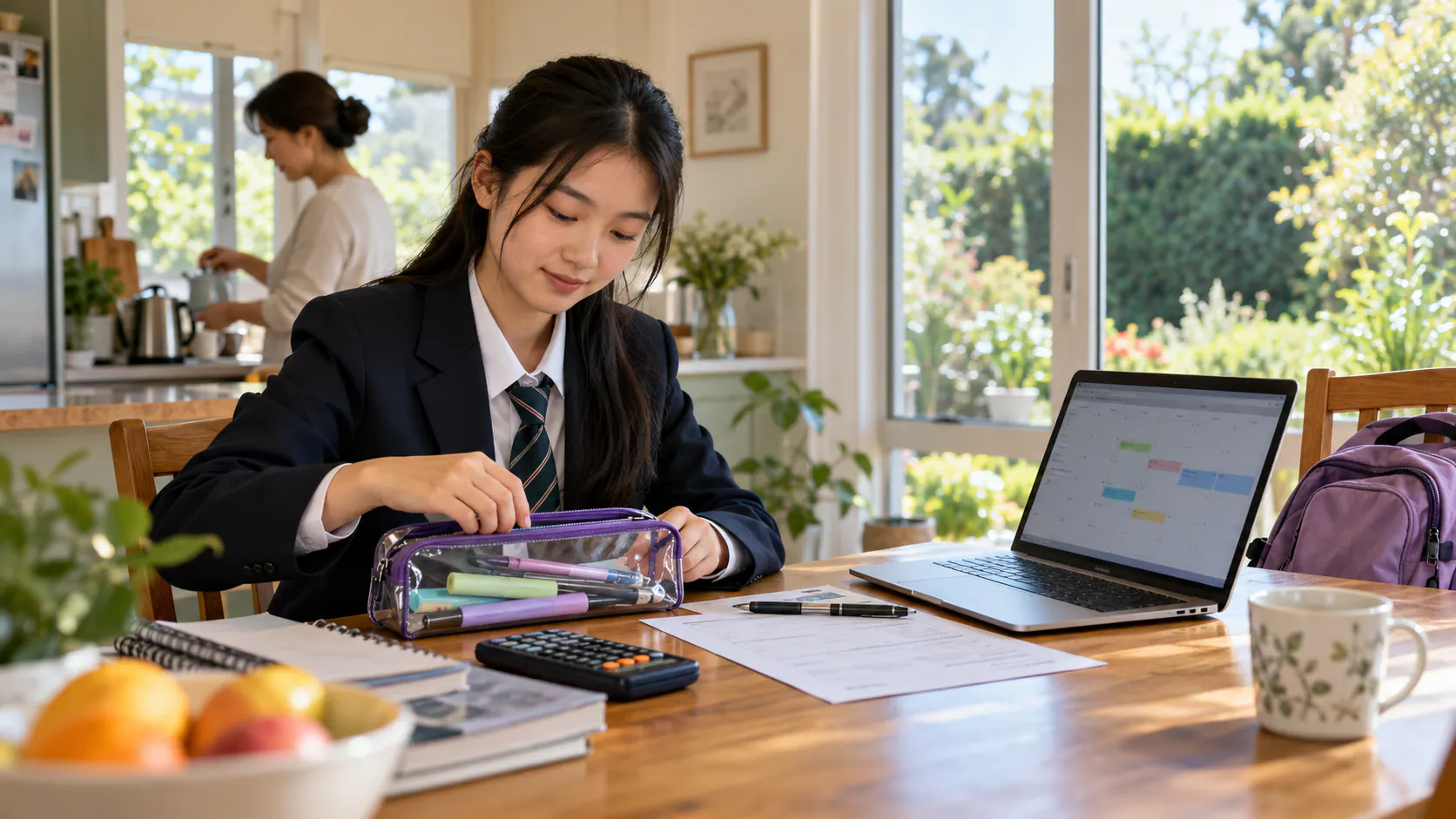 高中生整理考试文具并查看有内容的考试日历的生成示意图