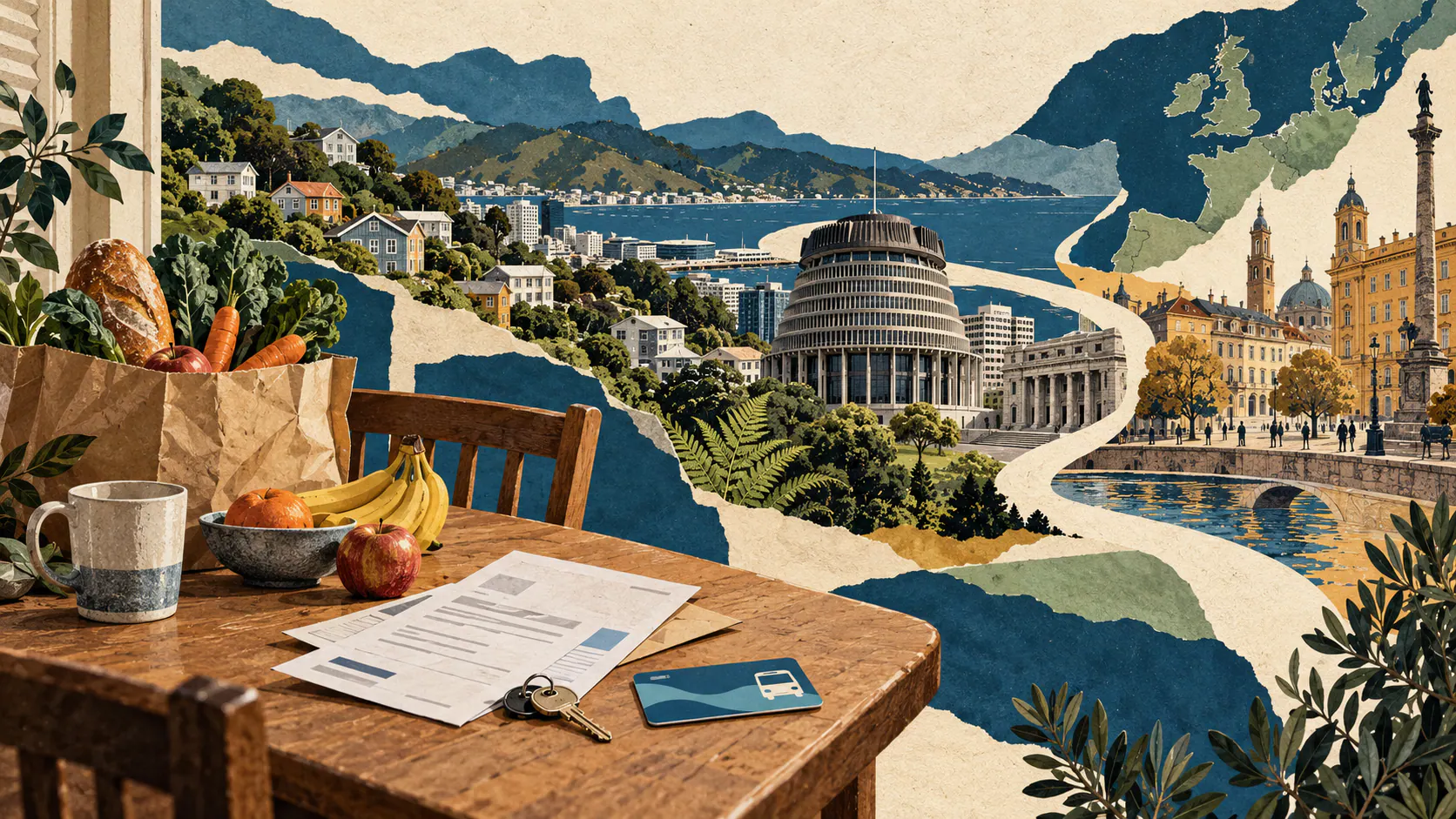 Editorial illustration linking a New Zealand household table, groceries and bills to Wellington’s Parliament and a European civic square