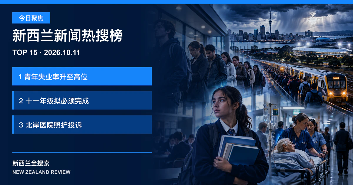 新西兰新闻热搜榜TOP15｜2026年10月11日｜青年失业率升至危机水平、十一年级拟改为必须完成、北岸医院拥挤引发照护投诉 正式新闻封面图