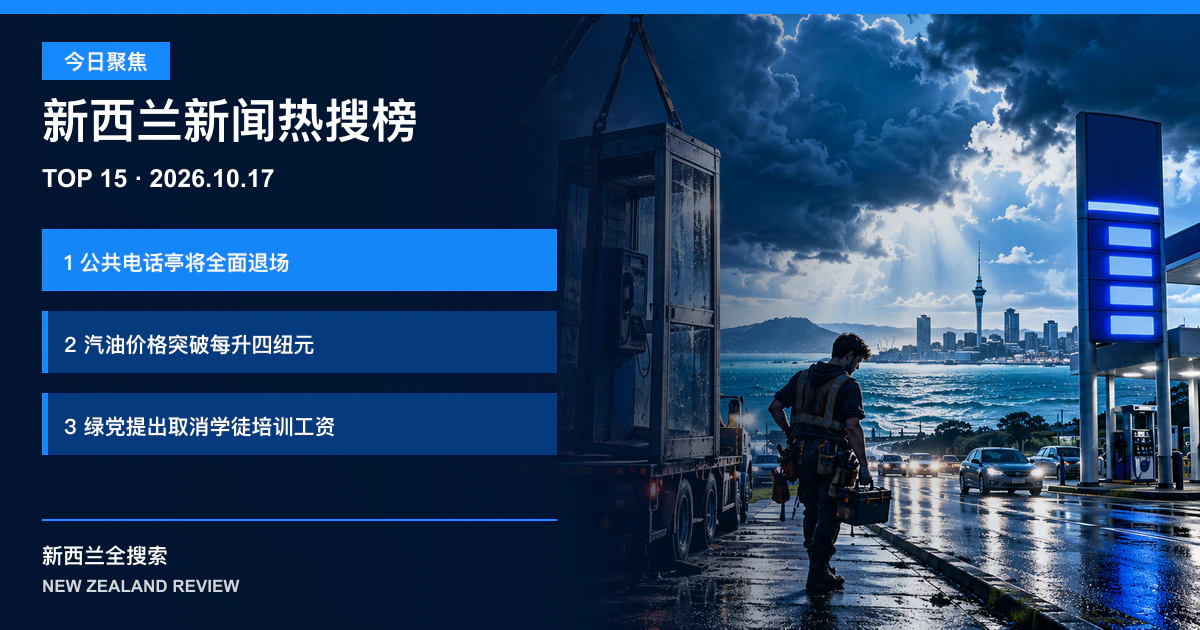 新西兰新闻热搜榜TOP15｜2026年10月17日｜公共电话亭将全面退场、汽油价格突破每升四纽元、绿党提出取消学徒培训工资 正式新闻封面图