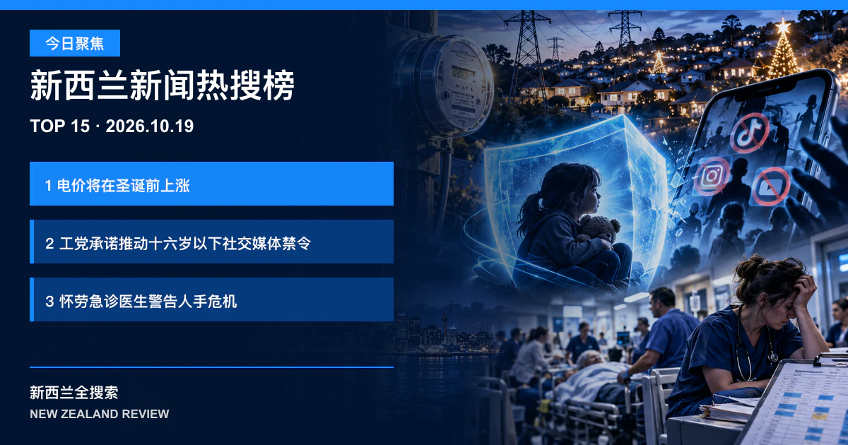 新西兰新闻热搜榜TOP15｜2026年10月19日｜电价将在圣诞前上涨、工党承诺推动十六岁以下社交媒体禁令、怀劳急诊医生警告人手危机 正式新闻封面图