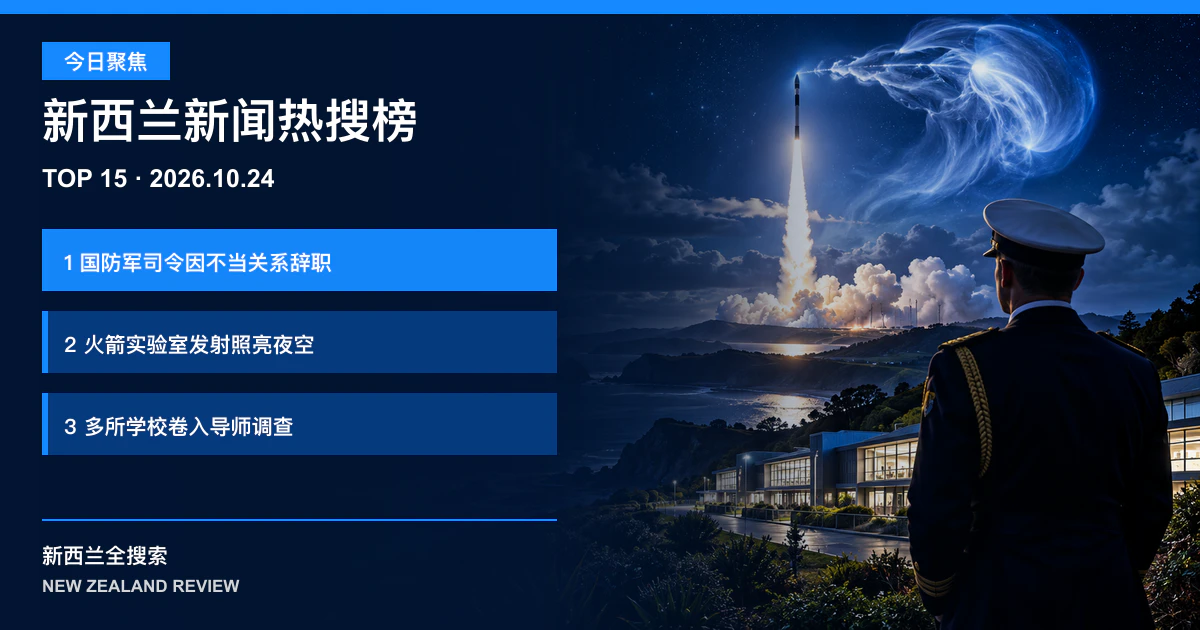 新西兰新闻热搜榜TOP15｜2026年10月24日｜国防军司令因不当关系辞职、火箭实验室发射照亮夜空、多所学校卷入导师调查 正式新闻封面图