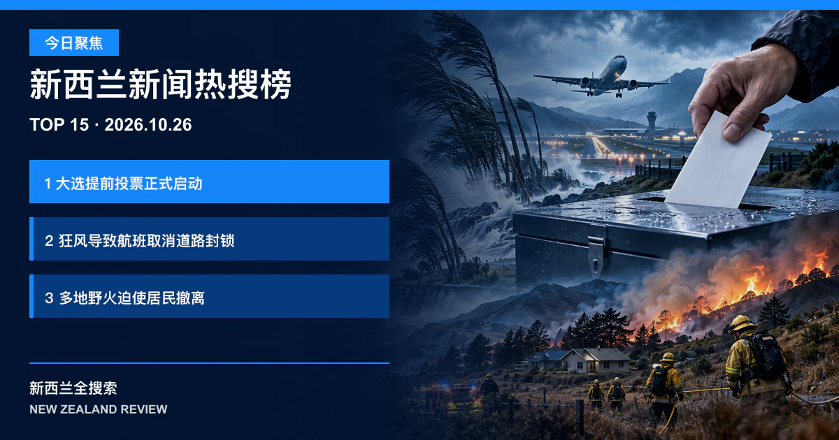 新西兰新闻热搜榜TOP15｜2026年10月26日｜大选提前投票正式启动、狂风导致航班取消道路封锁、多地野火迫使居民撤离 正式新闻封面图