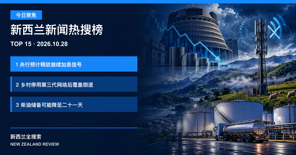 新西兰新闻热搜榜TOP15｜2026年10月28日｜央行预计释放继续加息信号、乡村停用第三代网络后覆盖倒退、柴油储备可能降至二十一天 正式新闻封面图
