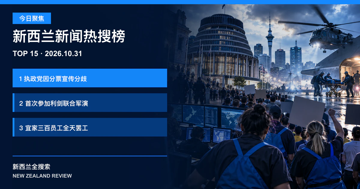新西兰新闻热搜榜TOP15｜2026年10月31日｜联合执政党因分票宣传发生分歧、新西兰首次参加利剑联合军演、宜家三百名员工举行全天罢工 正式新闻封面图