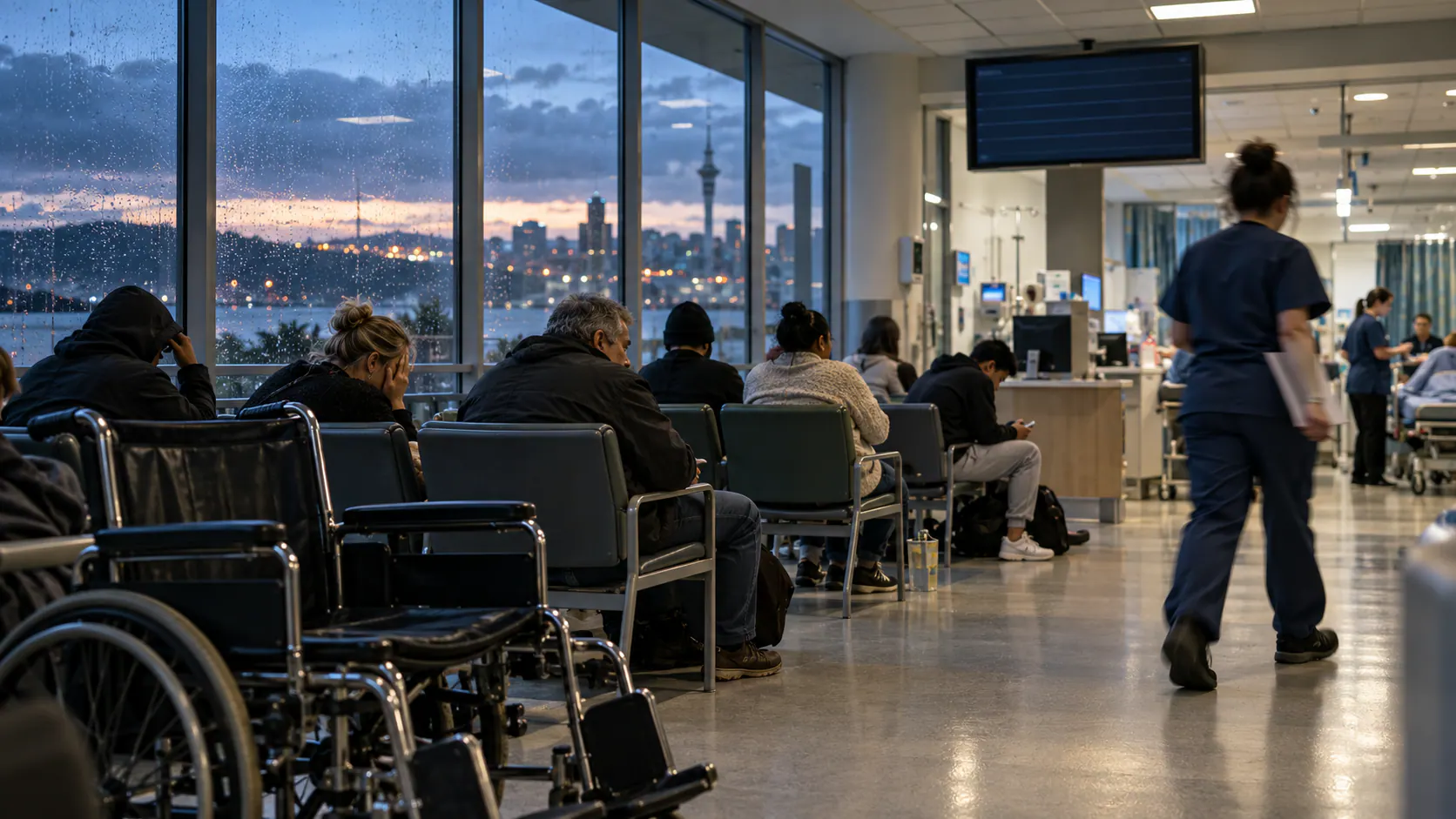 Patients waiting in a New Zealand hospital emergency department before dawn as a clinician walks past