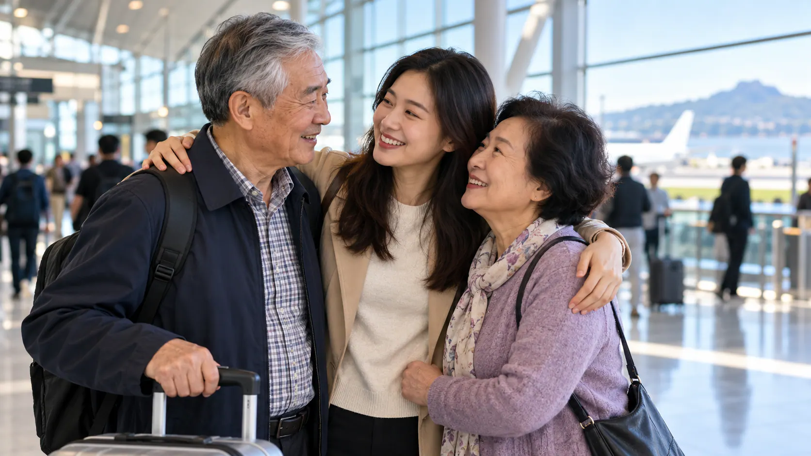 年长华人夫妇与女儿在机场团聚的生成示意图