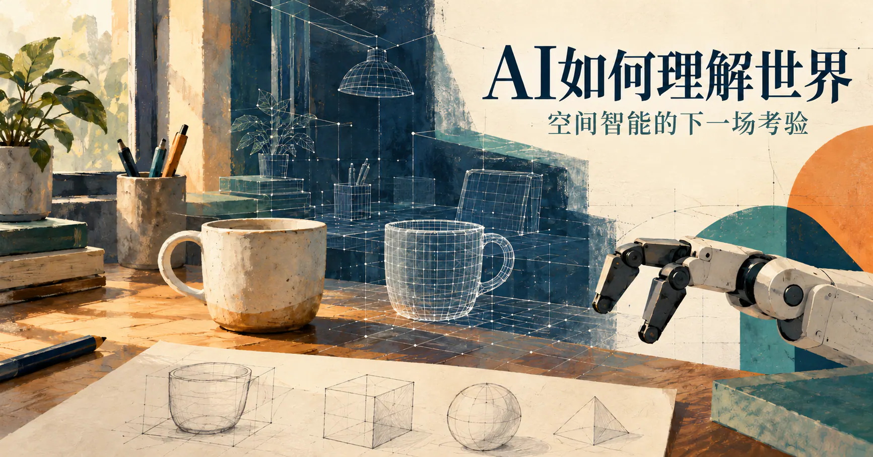空间智能主题原创插画：桌面陶瓷杯、对应空间线框与机械夹爪。