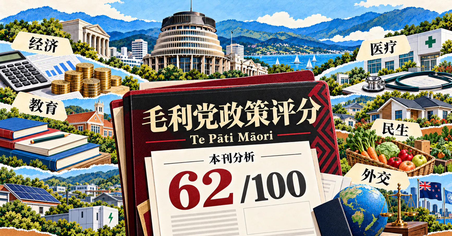 AI生成的毛利党政策评分概念插画：红黑色政策文件与62/100本刊分析评分，周围展示税收、医疗、教育、社区住房、食品与能源主题。