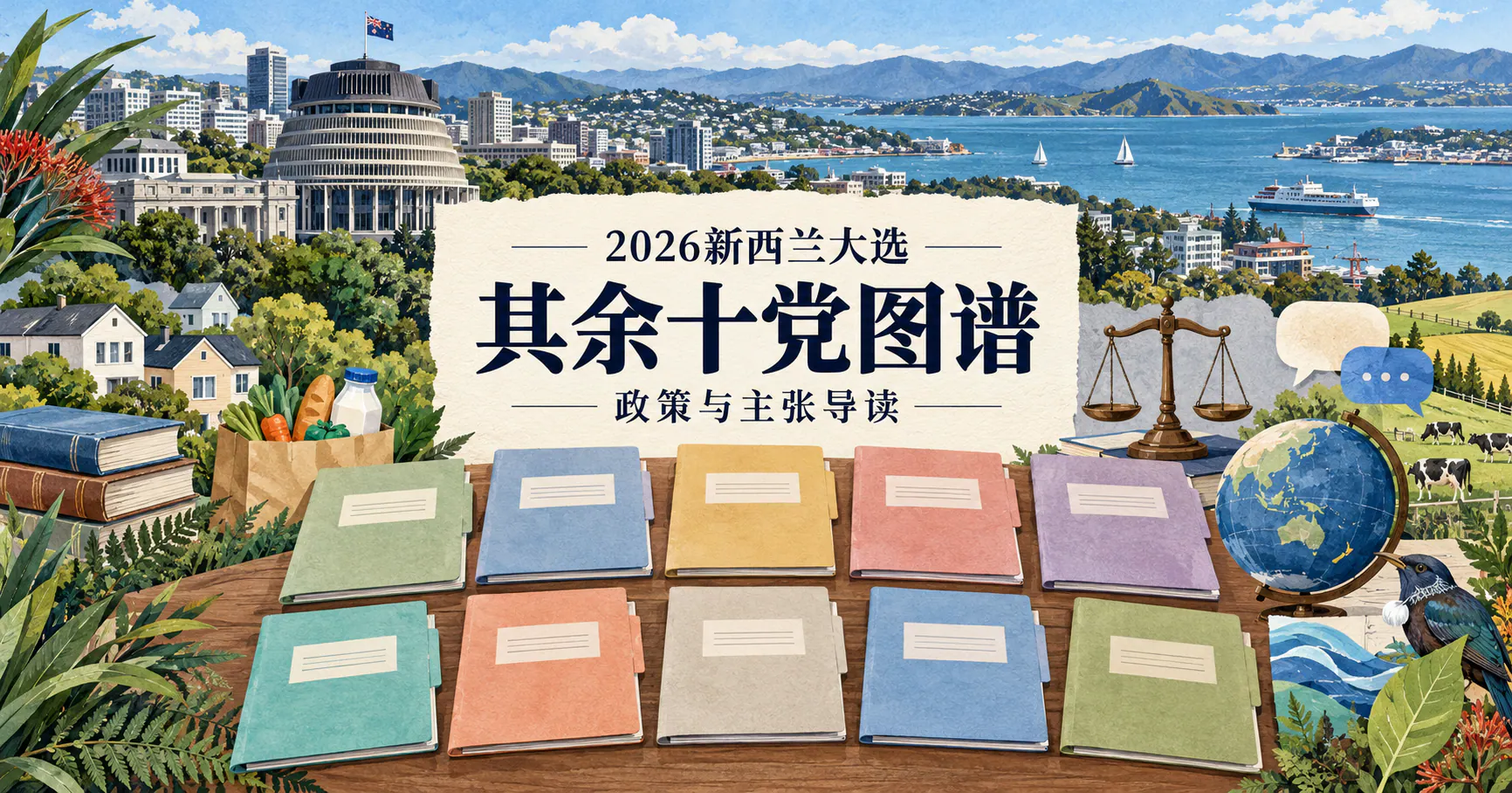 AI生成的2026新西兰大选十党导读概念插画：国会背景与平等排列的政策文件，周围展示住房、家庭、动物、环境、法律和国际议题，不含评分。
