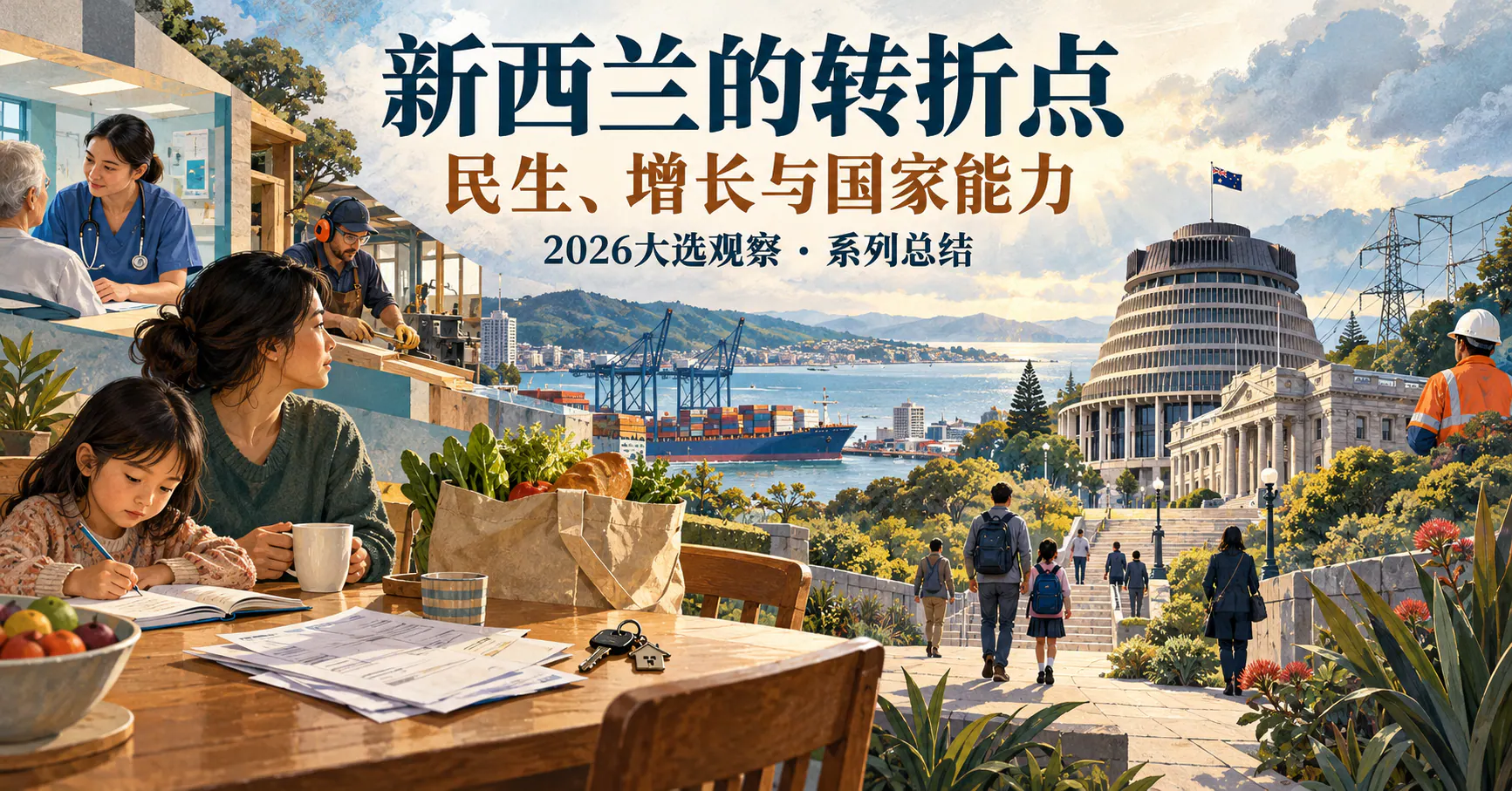 AI生成的新西兰大选总结概念插画：家庭餐桌、购物袋与账单连接医疗、工作、港口、电力设施及惠灵顿国会，主题为民生、增长与国家能力。
