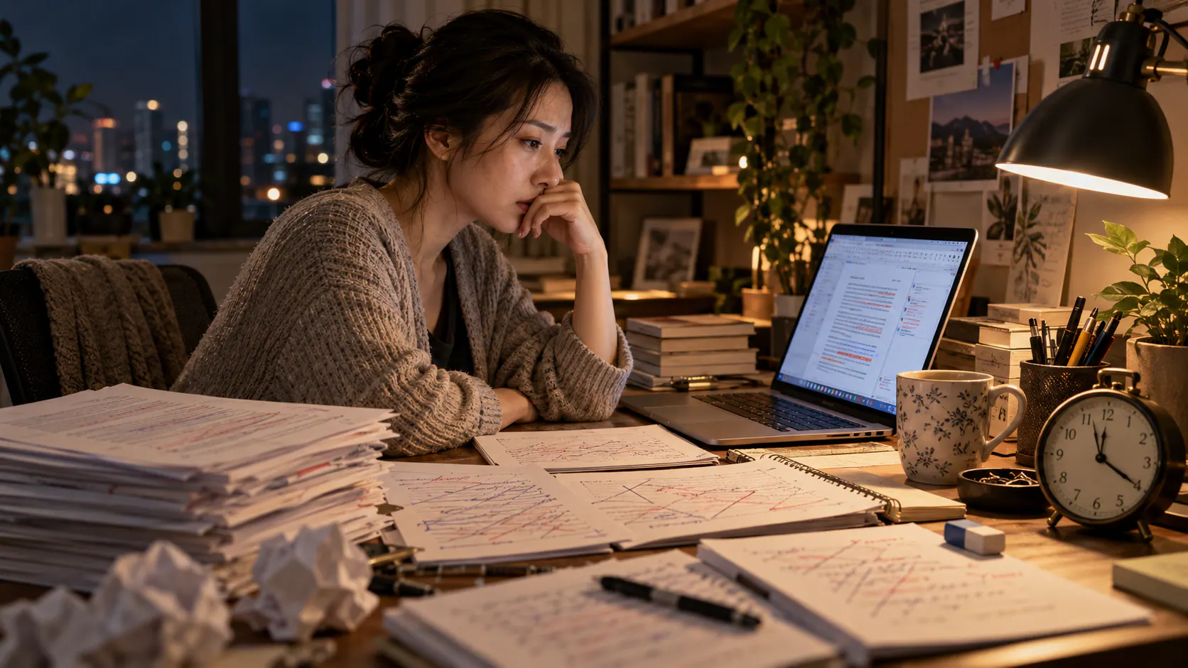 女性深夜在有内容的电脑前反复修改文件，无文字