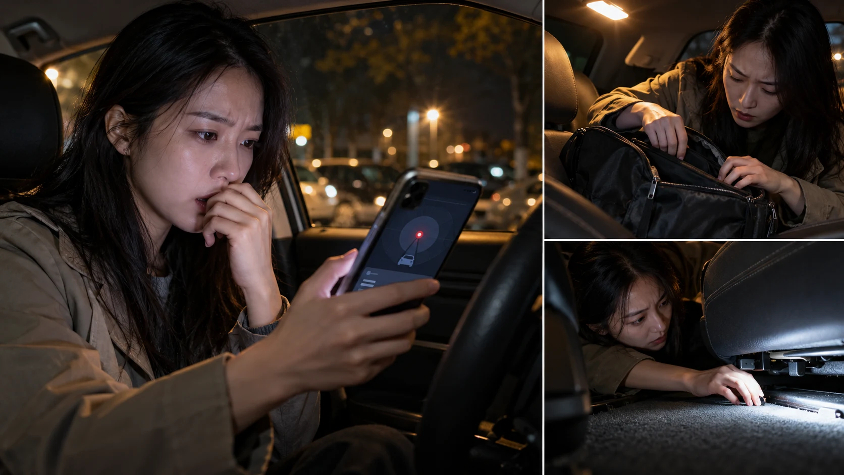 夜间停靠车辆内真实成年人查看非空白陌生追踪器警报并检查背包和车座，无可读文字